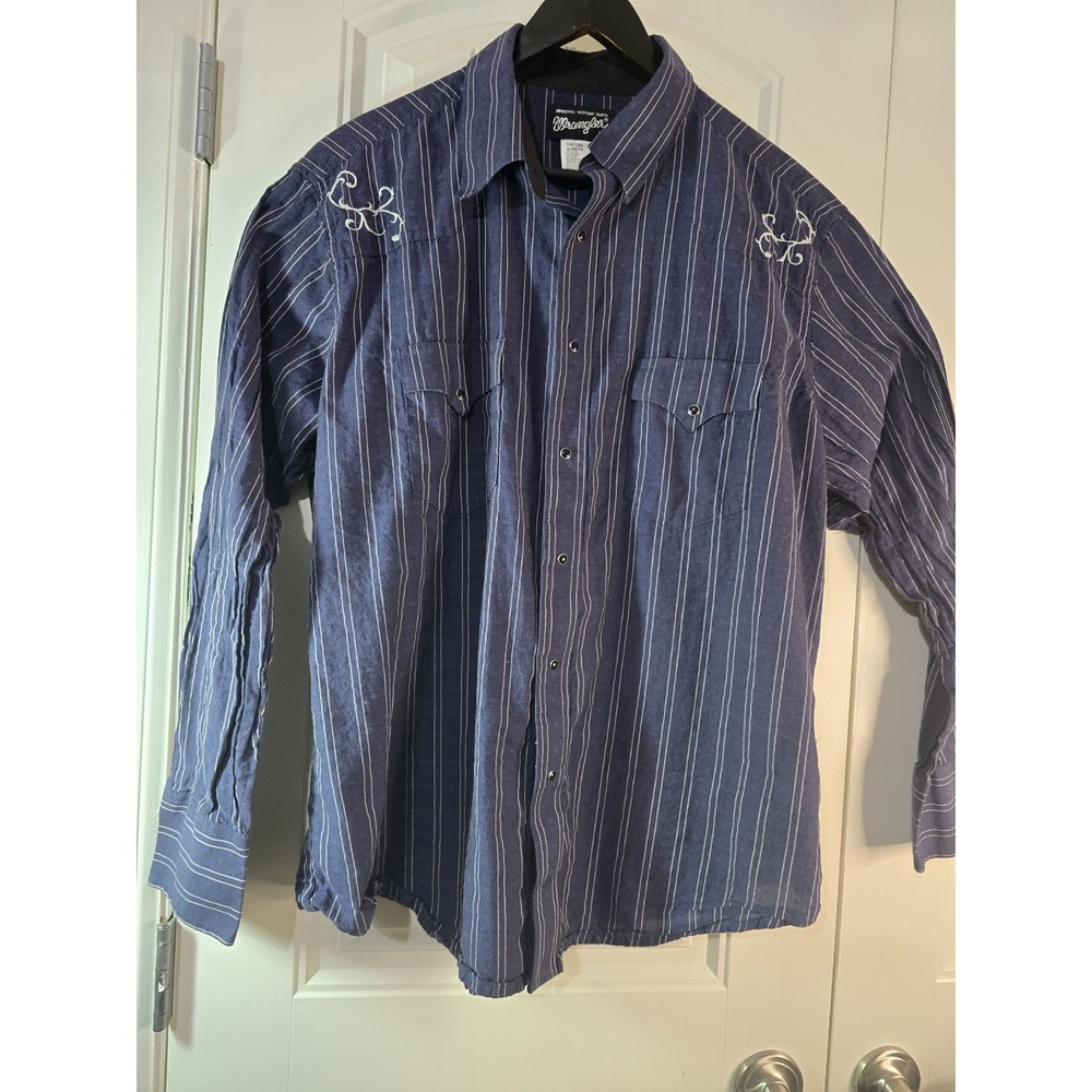 Wrangler Mens Blue Pinstripe Embroidered Western Pearl Snap Shirt XL 75972BL